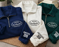 Personalized Football Mom Embroidered Quarter Zip Sweatshirt, Custom Name Number Sleeve, Mama Cozy Pullover, Team Spirit Top, Gift for Mom