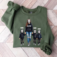Personalized Horror Mama Shirt, Custom Kids Name Mama Tee, Spooky Hockey Mask Family Shirt, Halloween Mom Outfit, Unique Horror Mom Gift