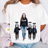 Personalized Horror Mama Shirt, Custom Kids Name Mama Tee, Spooky Hockey Mask Family Shirt, Halloween Mom Outfit, Unique Horror Mom Gift