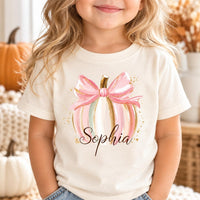 Personalized Pink Pumpkin Kids Shirt, Custom Name Toddler Tee, Baby Girl Thanksgiving Outfit, Pink Bow Fall Shirt, Thanksgiving Gift
