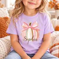 Personalized Pink Pumpkin Kids Shirt, Custom Name Toddler Tee, Baby Girl Thanksgiving Outfit, Pink Bow Fall Shirt, Thanksgiving Gift