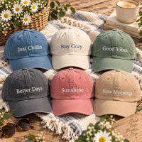 Personalized Positive Quote Embroidered Hat, Custom Text Name Cap, Bio Washed Cotton Cap, Minimalist Everyday Headwear, Gift for Her