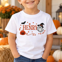 Custom Name Halloween Embroidered Shirt, Personalized Ghost Hoodie, Cute Pumpkin Witch Design, Holiday Sweatshirt, Fall Gift for Kids