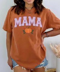 Custom Gingham Mama Shirt, Personalized Pumpkin Mom Graphic Tee, Retro Mama Fall T Shirt, Cute Thanksgiving Autumn Outfit, Gift for Mom