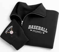Personalized Baseball Mom Embroidered Quarter Zip Sweatshirt, Custom Sleeve Name Pullover, Mama Cozy Pullover, Game Day Look, Gift for Mom