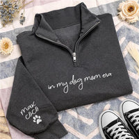 In My Dog Mom Era Embroidered Quarter Zip Sweatshirt, Custom Pet Name Sleeve, Mama Cozy Pullover, Pet Lover Top, Personalized Gift for Her