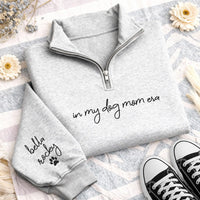 In My Dog Mom Era Embroidered Quarter Zip Sweatshirt, Custom Pet Name Sleeve, Mama Cozy Pullover, Pet Lover Top, Personalized Gift for Her