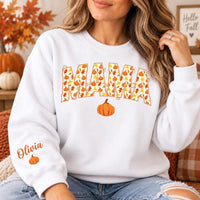 Personalized Mama Mini Fall Shirt, Custom Sleeve Name Pumpkin Sweatshirt, Autumn Mom Pullover, Thanksgiving Shirt, Gift for Mama