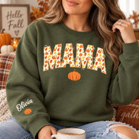 Personalized Mama Mini Fall Sweatshirt, Custom Sleeve Name Pumpkin Sweatshirt, Autumn Mom Pullover, Thanksgiving Shirt, Gift for Mama