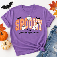 Custom Spooky Season Gingham Shirt, Halloween Ghost Graphic Tee, Choose Your Gingham Color, Cute Fall T-Shirt, Halloween Gift for Her