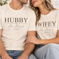 Personalized Hubby Wifey Matching Shirts, Custom Last Name Tees, Matching Couples Tee, His and Hers Wedding Outfit, Anniversary Gift