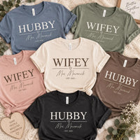 Personalized Hubby Wifey Matching Shirts, Custom Last Name Tees, Matching Couples Tee, His and Hers Wedding Outfit, Anniversary Gift