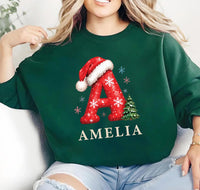 Personalized Christmas Initial Shirt, Custom Name Holiday Tee, Festive Santa Hat Letter Top, Family Matching Outfit, Holiday Gift for Kids