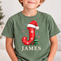 Personalized Christmas Initial Shirt, Custom Name Holiday Tee, Festive Santa Hat Letter Top, Family Matching Outfit, Holiday Gift for Kids