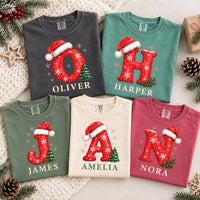 Personalized Christmas Initial Shirt, Custom Name Holiday Tee, Festive Santa Hat Letter Top, Family Matching Outfit, Holiday Gift for Kids