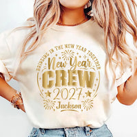 Personalized New Year Crew Shirt, Custom Family Name 2027 Tee, Gold Fireworks Party T-Shirt, Matching NYE Group Outfit, New Year Gift