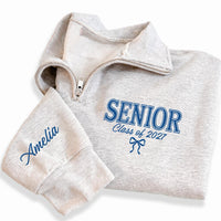 Personalized Senior Embroidered Quarter Zip Sweatshirt, Class of 2027 Pullover, Custom Name Sleeve, Graduation Gift, Senior Year Outfit