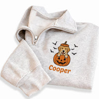 Personalized Pet Embroidered Quarter Zip Sweatshirt, Custom Dog Portrait Pullover, Halloween Party Layer, Pet Mom Outfit, Halloween Gift