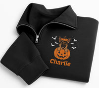 Personalized Pet Embroidered Quarter Zip Sweatshirt, Custom Dog Portrait Pullover, Halloween Party Layer, Pet Mom Outfit, Halloween Gift