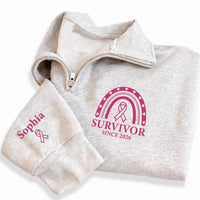 Breast Cancer Survivor Embroidered Quarter Zip Sweatshirt, Personalized Pink Ribbon Top, Custom Sleeve Name, Cancer Warrior Gift for Her