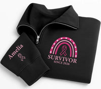 Breast Cancer Survivor Embroidered Quarter Zip Sweatshirt, Personalized Pink Ribbon Top, Custom Sleeve Name, Cancer Warrior Gift for Her