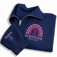 Breast Cancer Survivor Embroidered Quarter Zip Sweatshirt, Personalized Pink Ribbon Top, Custom Sleeve Name, Cancer Warrior Gift for Her