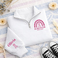 Breast Cancer Survivor Embroidered Quarter Zip Sweatshirt, Personalized Pink Ribbon Top, Custom Sleeve Name, Cancer Warrior Gift for Her