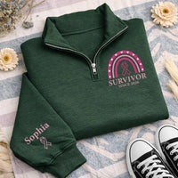 Breast Cancer Survivor Embroidered Quarter Zip Sweatshirt, Personalized Pink Ribbon Top, Custom Sleeve Name, Cancer Warrior Gift for Her