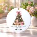 Personalized Baby's First Christmas Ceramic Ornament, Custom Name & Year Baby Keepsake Ornament, Pink Teddy Bear Tree, New Parent Gift