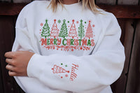 Personalized Merry Christmas Sweatshirt, Custom Name Sleeve Crewneck, Festive Christmas Tree Pullover, Holiday Party Wear, Holiday Gift