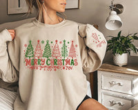 Personalized Merry Christmas Sweatshirt, Custom Name Sleeve Crewneck, Festive Christmas Tree Pullover, Holiday Party Wear, Holiday Gift