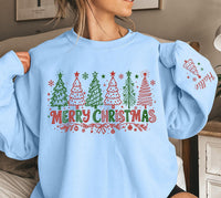 Personalized Merry Christmas Sweatshirt, Custom Name Sleeve Crewneck, Festive Christmas Tree Pullover, Holiday Party Wear, Holiday Gift