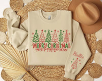 Personalized Merry Christmas Sweatshirt, Custom Name Sleeve Crewneck, Festive Christmas Tree Pullover, Holiday Party Wear, Holiday Gift