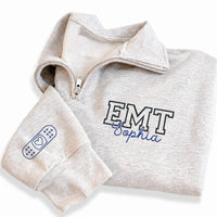 Personalized EMT Embroidered Quarter Zip Sweatshirt, Custom EMS Pullover, Medical Team Apparel, First Responder Gift, EMT Graduation Gift