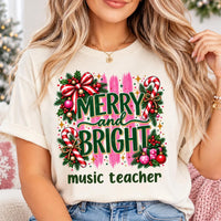 Custom Music Teacher Christmas Shirt, Personalized Merry and Bright Tee, Festive Teacher Holiday Top, Christmas Gift, Music Teacher Gift