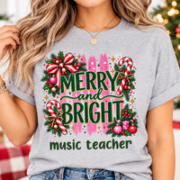 Custom Music Teacher Christmas Shirt, Personalized Merry and Bright Tee, Festive Teacher Holiday Top, Christmas Gift, Music Teacher Gift