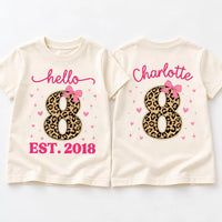 Personalized 8th Birthday Girl Shirt, Custom Name Age 8 Tee, Leopard Bow Birthday Girl Top, Eighth Birthday Outfit, Front Back