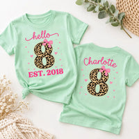 Personalized 8th Birthday Girl Shirt, Custom Name Age 8 Tee, Leopard Bow Birthday Girl Top, Eighth Birthday Outfit, Front Back