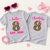 Personalized 8th Birthday Girl Shirt, Custom Name Age 8 Tee, Leopard Bow Birthday Girl Top, Eighth Birthday Outfit, Front Back
