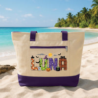 Personalized Halloween Tote Bag with Zipper, Custom Name Canvas Bag, Colorful Spooky Letter Design, Seasonal Zipper Tote, Halloween Gift