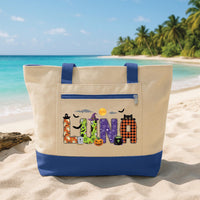 Personalized Halloween Tote Bag with Zipper, Custom Name Canvas Bag, Colorful Spooky Letter Design, Seasonal Zipper Tote, Halloween Gift