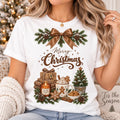 Cozy Neutral Merry Christmas Graphic Shirt, Rustic Cocoa Holiday Tee, Evergreen Bow T-Shirt, Festive Family Christmas Tee, Holiday Gift