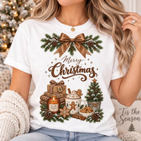 Cozy Neutral Merry Christmas Graphic Shirt, Rustic Cocoa Holiday Tee, Evergreen Bow T-Shirt, Festive Family Christmas Tee, Holiday Gift