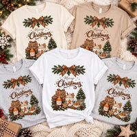 Cozy Neutral Merry Christmas Graphic Shirt, Rustic Cocoa Holiday Tee, Evergreen Bow T-Shirt, Festive Family Christmas Tee, Holiday Gift