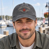 Lake Ontario Embroidered Hat, Canadian Maple Leaf Wave Design, Bio Washed Cotton Cap, Great Lakes Travel Souvenir, Everyday Cap Gift