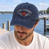 Lake Ontario Embroidered Hat, Canadian Maple Leaf Wave Design, Bio Washed Cotton Cap, Great Lakes Travel Souvenir, Everyday Cap Gift