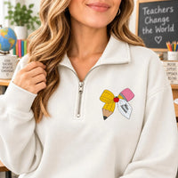 Personalized Teacher Embroidered Quarter Zip Sweatshirt, Custom Name Pullover, Pencil Bow School Top, Classroom Outfit, Gift for Teacher