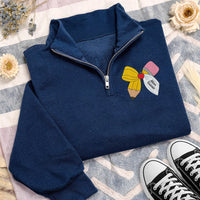Personalized Teacher Embroidered Quarter Zip Sweatshirt, Custom Name Pullover, Pencil Bow School Top, Classroom Outfit, Gift for Teacher