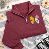 Personalized Teacher Embroidered Quarter Zip Sweatshirt, Custom Name Pullover, Pencil Bow School Top, Classroom Outfit, Gift for Teacher