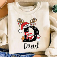 Personalized Reindeer Antlers Monogram Tee, Custom Christmas Name Shirt, Santa Hat Snowman Design, Family Outfit, Est 2026 Christmas Gift